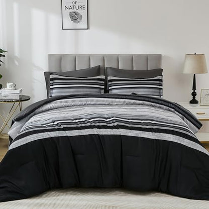 Dobuyly Black Comforters Queen Size Set 7 Pieces, Boho Striped Grey Bed in a Bag Queen Soft Microfiber Bedding Set with Comforter, Sheets, Pillowcases & Shams All Season