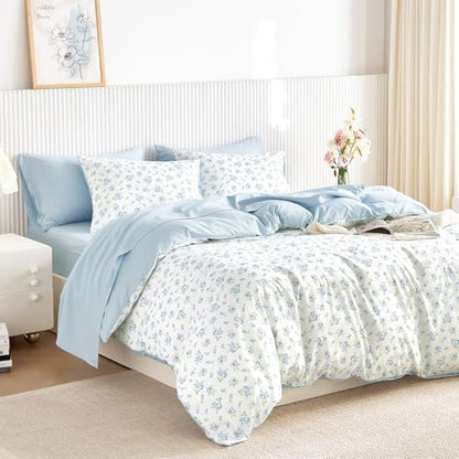 Wake In Cloud - Floral Comforter Set with Sheets, Coquette Cottagecore Aesthetic Flower Shabby Chic Pattern for Women Teen Girls, 7 Pieces Bed in a Bag, White Blue, Full Size