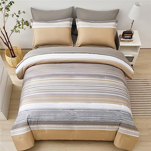 KAKIJUMN Striped Comforter Set Queen Size, 7 Piece Bed in a Bag, Warm Tan