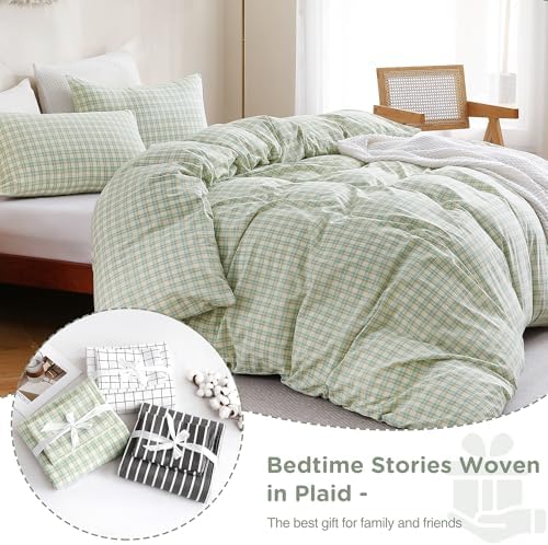 TOCOMOA Plaid Duvet Cover Set 100% Washed Cotton Like Linen, Queen