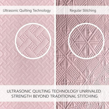 FLYMME Pink Twin Quilt Bedding Set Thin Lightweight Bedspreads,Modern Style Geometric Weave Stripe Pattern,Soft Microfiber Bed Coverlet for All Season (1 Quilt, 1Sham)