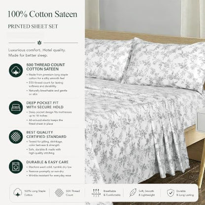 Feather & Stitch 100% Cotton Sateen 500 TC Queen Size Bed Sheet Set