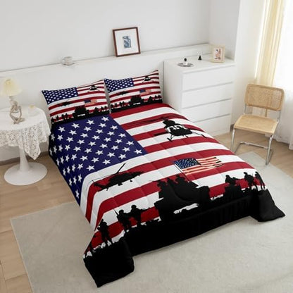 Feelyou American Flag Comforter Set for Girls Kids Boys Men Soldier Rifle Helicopter Tank Bedding Set Red Blue Stars Stripes USA Flag Comforter Room Decor Army Guns Military Down Comforter Queen Size