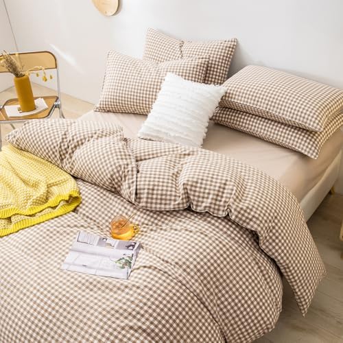 mixinni Tan Gingham Comforter Set California King, Plaid Comforter Set 3 Pieces 1 Beige Grid Comfoter with 2 Pillow Cases for All Seasons, Soft Fluffy Modern Grid Pattern Printed Bedding