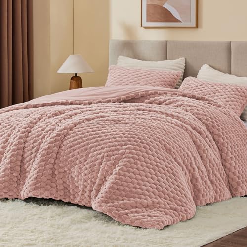 BEDELITE Fluffy Full Size Comforter Set, Dusty Pink Fleece Bed Set 3 Pieces