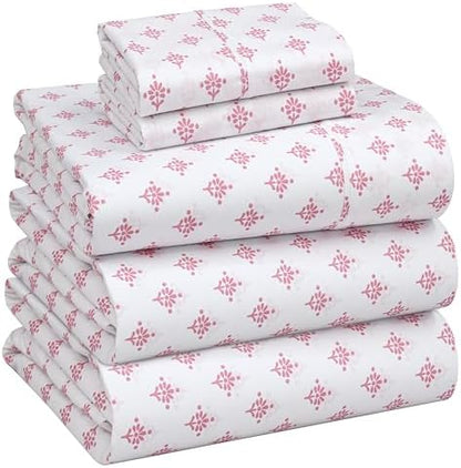 RUVANTI 100% Cotton Split King Sheets, Percale Sheet Set, Block Print Motif