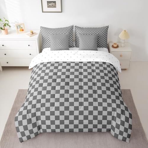 jejeloiu Grey Bedding Set 7Pcs Queen Size Kids Checkered Grid Comforter Set with Sheets for Boys Girls Classic Plaid Buffalo Check Bed in a Bag Soft Lightweight,Microfiber