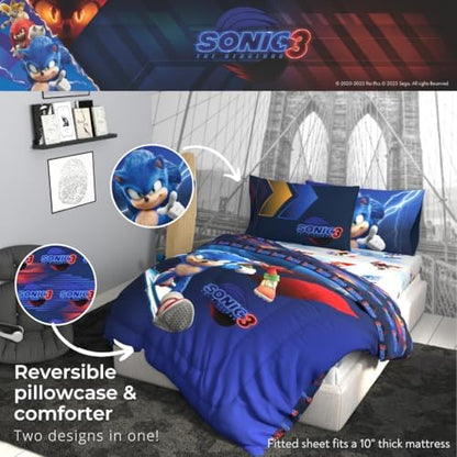 Franco Sonic The Hedgehog 3 Movie Kids Bedding Super Soft Comforter and Sheet Set, 5 Piece Full Size, (Officially Licensed Product)