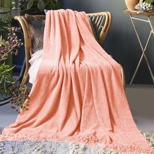 Chenille Throw Blanket for Couch 60" x 80", Peach
