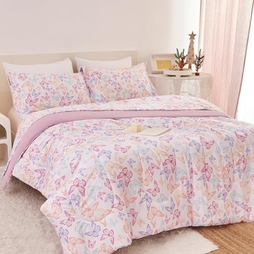 Yibeizi Butterfly Kids Comforter Set for Girls Full Cute Bedding