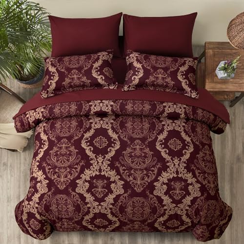 WONGS BEDDING Burgundy Comforter Set King Size, Maroon Damask Texture 7 Pieces Bed in a Bag Polyester Comforter Bedding Sets -1 Comforter, 1 Flat Sheet, 1 Fitted Sheet, 2 Pillow Shams,2 Pillowcases