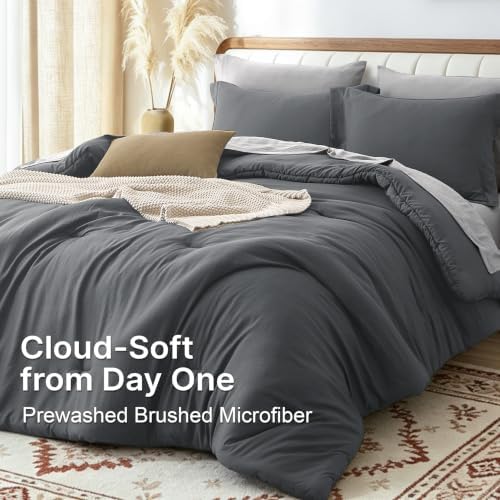 Prewashed Cal King Comforter Set 7 Pieces, Grey Bed Set