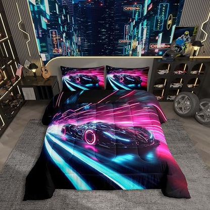 Kids Boys Sports Car Comforter Set King Size Red Blue Race Car Comforter for Kids Teens Room Decor Extreme Sports Theme Bedding Set Cool Speed Luxury Car Decor Quilt Set Soft for All Season