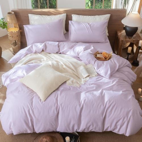 MooMee Striped Duvet Cover Set 100% Washed Cotton Linen Like Queen