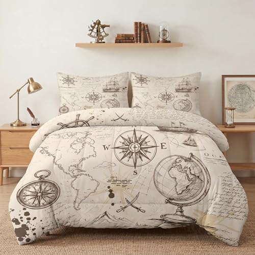 Pamnest Comforter Set Full Size, Adventure Map Vintage Soft 3 Pcs Bedding for Kids and Adults, Rose Nautical Pirate Comforter Set with 2 Pillowcases, for Bedroom Bed Decor
