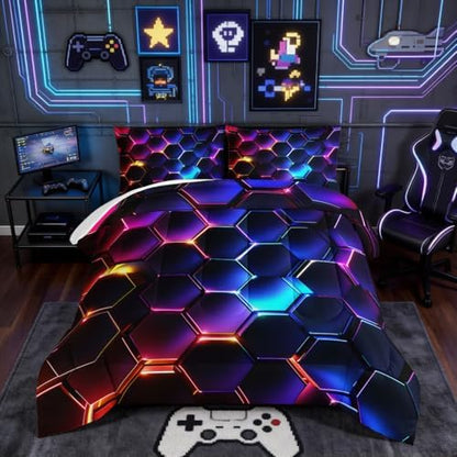 HOSIMA 3D Hexagon Honeycomb Boys Comforter Set Full with 2 Pillowcases.