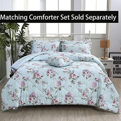 FADFAY Cotton Queen Sheet Set, Rose and Hydrangea Flower, Blue