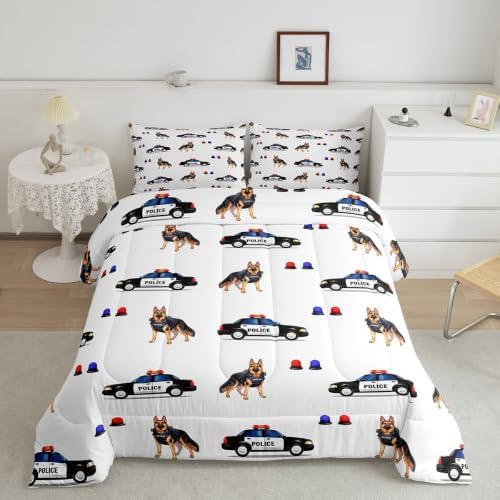 Feelyou Police Car Comforter Set Queen Size Dogs Bedding Set for Kids Boys Girls Policeman Vehicle Duvet Quilt Bedroom Decor Microfiber 3 Pcs with 2 Pillow Cases