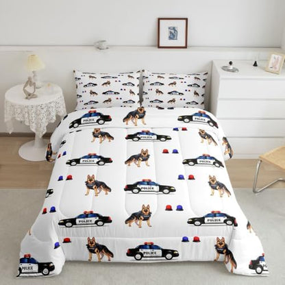 Feelyou Police Car Comforter Set Queen Size Dogs Bedding Set for Kids Boys Girls Policeman Vehicle Duvet Quilt Bedroom Decor Microfiber 3 Pcs with 2 Pillow Cases