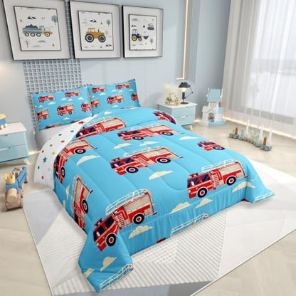 Erosebridal Cartoon Fire Truck Queen Comforter Set, Red Firemen Car Bedding Set, White Cloud Blue Sky Comforter for Kids Men Teens Boys Room Decor, Fire Engine Quilt with 2 Pillowcases, Microfiber