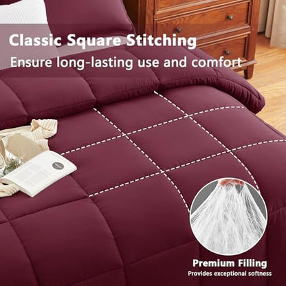 CozyLux Queen Size Comforter Set, 3-Piece Box-Stitched, Burgundy