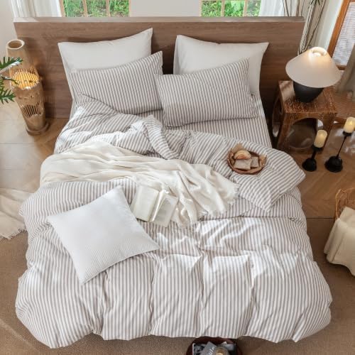 MooMee Striped Duvet Cover Set 100% Washed Cotton Linen Like King