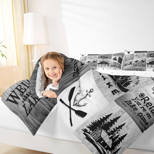 Lake Life Comforter Set Full Size,Camping Fishing Quilt Set Bear Anchor Pine Print Grid Bedding Set Kids Boys Men Adult Rustic Cabin Room Decor Grey Retro Patchwork Plaid Duvet Insert 3Pcs