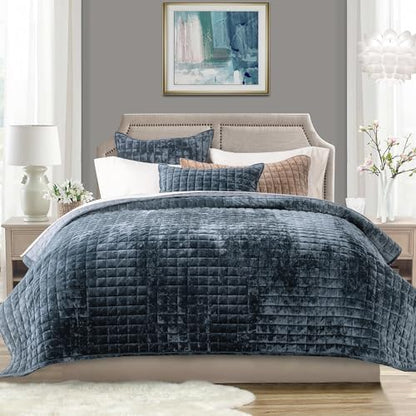 RECYCO Channel Box Stitch Velvet Quilt Set, Twin/Twin XL Size, Stormy Blue