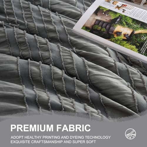 DHSFKBE Dark Grey Tufted Textured Comforter Set King Size, 7 Piece Bed in a Bag，Shabby Chic Boho Bedding for Bedroom Comforter，All Season Soft Microfiber Ruffle Comforter Set with Pillow and Sheets