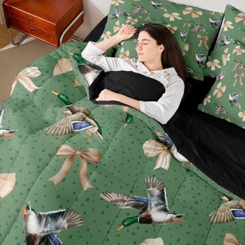 Erosebridal Mallard 7 Piece Bedding Set Full Bowknot Comforter Set with Sheets Spot Hunting Stripe Cute Ribbon Bow Bed in a Bag Wild Duck Wildlife Pattern for Kids Boys Girls