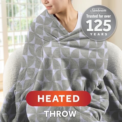 Sunbeam Royal Luxe Microplush Heated Throw Electric Blanket, 50" x 60", 4-Hour Auto Shut-Off,Fast Heating, Machine Washable, Warm and Cozy, Grey Geometric