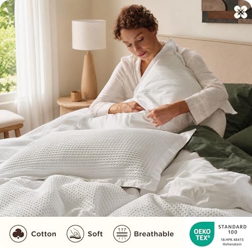 Bedsure PureWoven 3 Pieces 100% Cotton Waffle Duvet Cover Set, Queen, White
