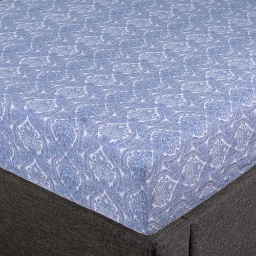 Feather & Stitch Fitted Sheet Only, 100% Cotton 300TC Lightweight Cooling & Breathable Percale Weave Fitted Sheet 16" Regular Elastic Deep Pocket Soft Bedding Mattress (Twin, Blue Paisley)