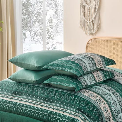 Cottolester Boho Comforter Set King Size,Teal Green Striped Bed in a Bag