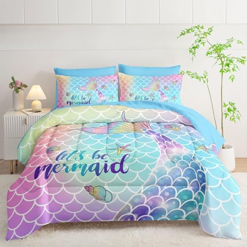 7Pcs Mermaid Tail Comforter Set Rainbow Scales Printed Bedding Set with 1 Comforter, 1 Flat Sheet, 1 Fitted Sheet and 4 Pillowcases for Girls Bedroom All Season(Full)