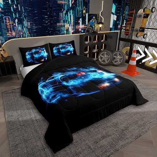 Kids Boys Sports Car Comforter Set King Size Blue Race Car Bedding Sets for Kids Teens Room Decor Extreme Sports Theme Comforter Cool Speed Luxury Cars Decor Quilt Set Soft for All Season,Black Blue