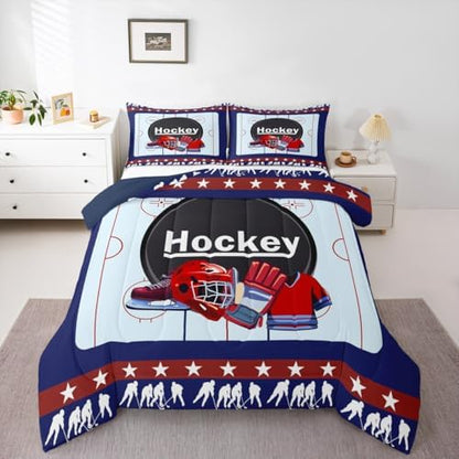 Homewish Ice Hockey Field Full Size Comforter Set,Sports Gaming Bedding Set for Adults Teens,Children Helmet Skates Comforter Luxury Hockey Sport Player Quilt Set Room Decor 3Pcs