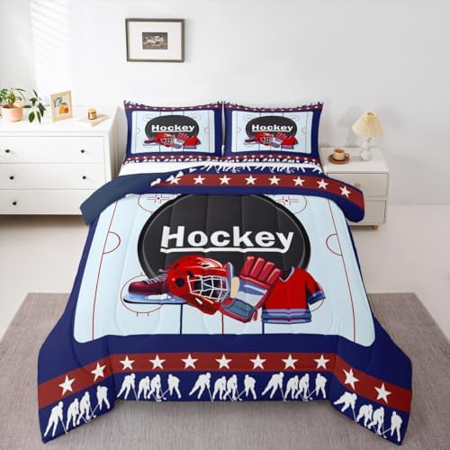 Homewish Sports Ice Hockey Comforter Set Queen Size,Hockey Field Bedding Set for Kids Boys Girls Bedroom Decoration,Sport Gaming Bed Duvet Insert,Navy and Red Comforter with 2 Pillowcase
