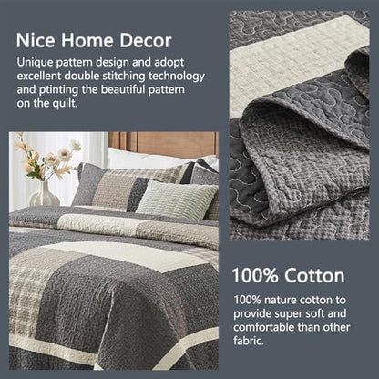 Finlonte 100% Cotton King Quilt Set, Farmhouse Plaid Queen Quilted Bedspread, Brown Beige Black Lightweight Comforter Bedding Set for All Season, 3-Piece