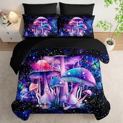 Nttopship Fantasy Mushrooms Comforter Set Queen,Galaxy Fantasy 7 Pieces Bedding Set for Teens Kids,Light Mushroom Bedding Set 7 Piece in A Bag，Mushroom Bed Comforters Bedding Sets for All Season