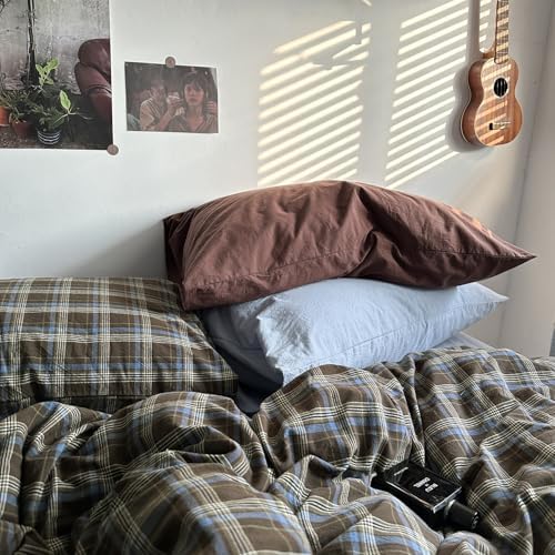 mixinni Vintage Buffalo Plaid Duvet Cover Set Full Size - 3 Piece Washed Cotton Bedding Set with Grid Pattern, Soft & Breathable Duvet Cover with Pillowcases for All Seasons,(Brown & Blue, Beige)