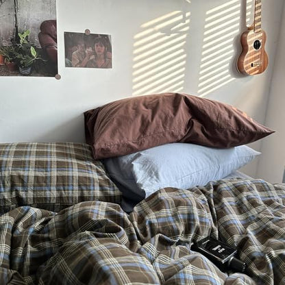 mixinni Vintage Buffalo Plaid Duvet Cover Set Full Size - 3 Piece Washed Cotton Bedding Set with Grid Pattern, Soft & Breathable Duvet Cover with Pillowcases for All Seasons,(Brown & Blue, Beige)