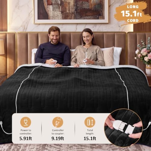 Heated Electric Blanket King Size, Dual Control, 90" x 100", Ebony