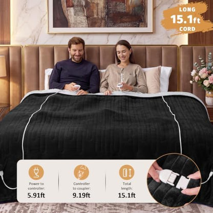 Heated Electric Blanket Queen Size, Dual Control, 84" x 90", Ebony