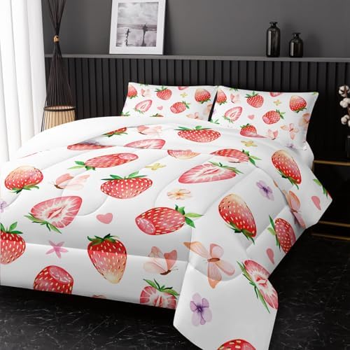 Girls Comforter Set，Cute Comforter Set for Girls Kids 3 Pieces Bedding Set King Size,Cartoon Strawberry Bed Set Lightweight Soft Microfiber Warm Down Alternative All Season With 2 Pillowcase