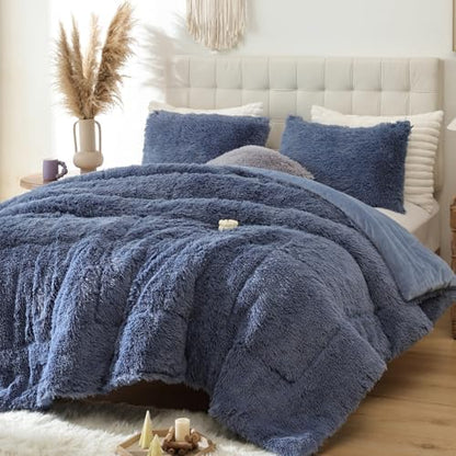 Smoofy Fluffy Queen Comforter Set, Infinite Blue Faux Fur Comforter 3 Pcs