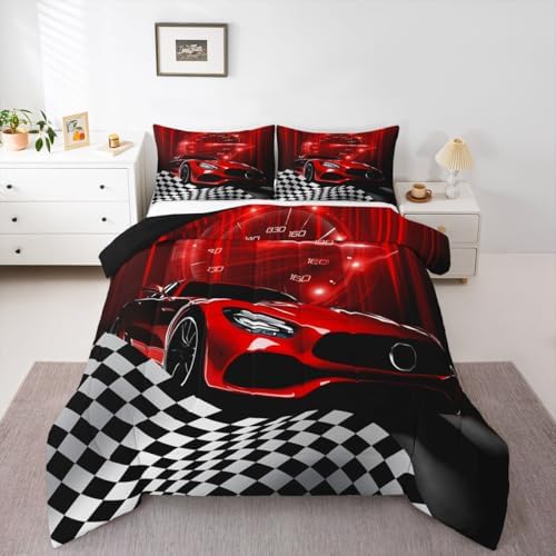 Erosebridal Red Race Car Comforter Set for Teenage Boys,Glitter Ombre Line Art Bedding Set Neon Light Sports Car Dashboard Quilt Full,Black and White Grid Lattice Buffalo Plaid Decor