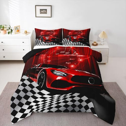Erosebridal Red Race Car Comforter Set for Teen Boys,Glitter Ombre Line Art Bedding Set Neon Light Sports Car Dashboard Quilt Twin,Black and White Grid Lattice Buffalo Plaid Decor
