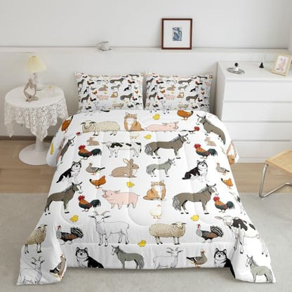 Feelyou Farm Animal Comforter Set Toddler Size Cute Animal Bedding Set for Kids Boys Girls Farm Theme Duvet Quilt Cartoon Bedroom Decor 2 Pcs with 1 Pillow Cases
