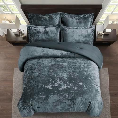 Fredsure Distressed Velvet Comforter Set, 5 Pieces Smoke Blue Queen, Distressed Velvet Face and Brushed Microfiber Reverse